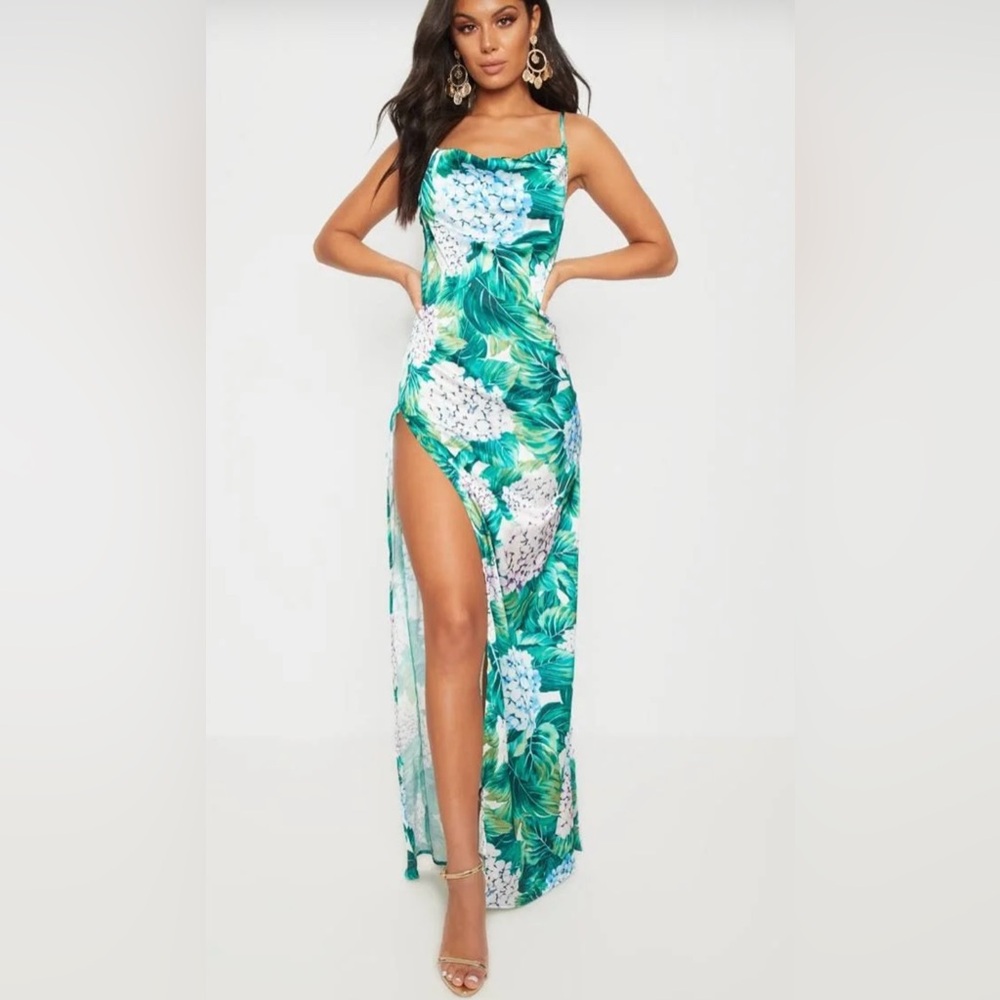 NWT Pretty Little Thing Green Floral Maxi High Slit Slip Dress, Size 6